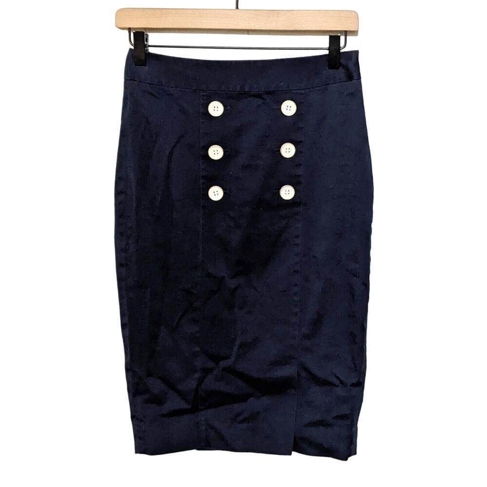 The Limited Skirt Womens 2 Navy Blue Pencil Button Accent Slit Sailor Nautical